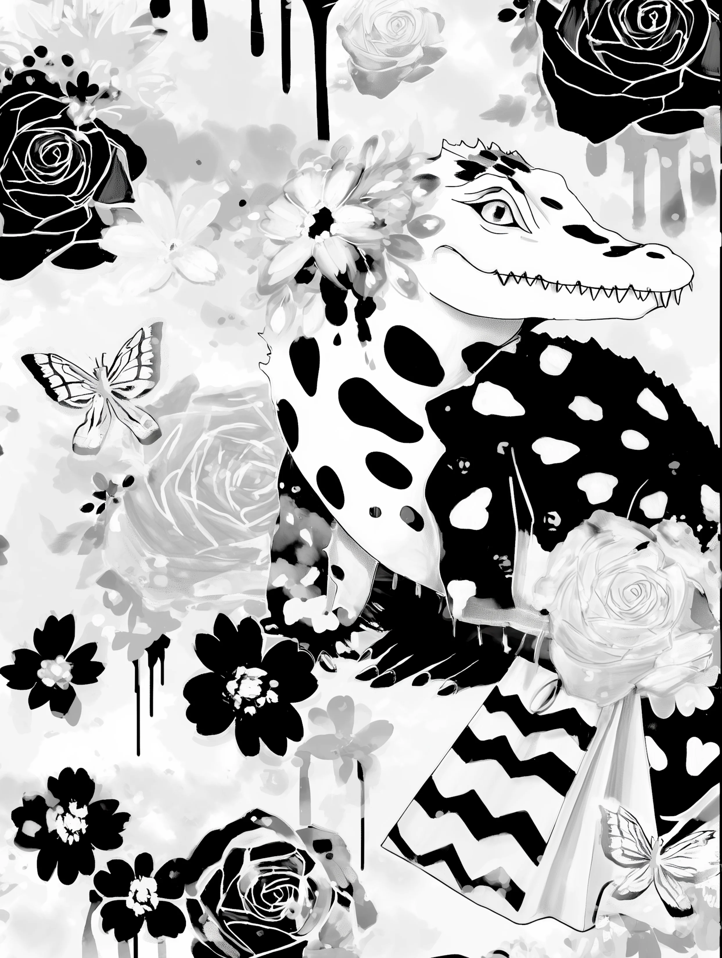 Free printable crocodile coloring pages for adults featuring croc in black and white